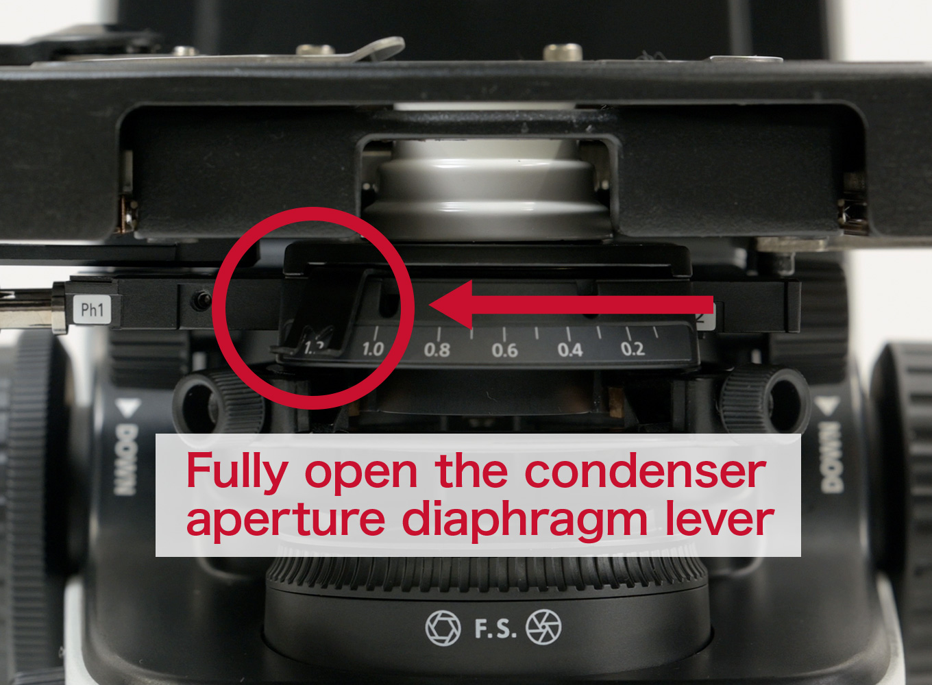 Fully open the　condenser aperture diaphragm lever